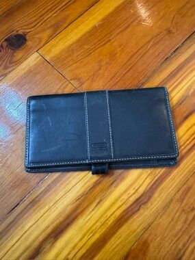 Black Leather Long Checkbook Wallet with Contrast Stitching